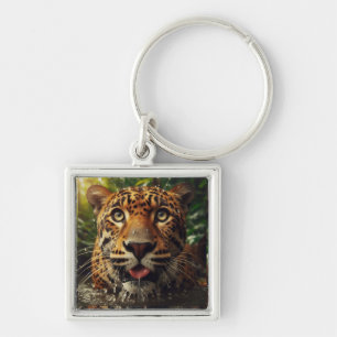 Leopard Stares While Lapping Water in Jungle Key Ring