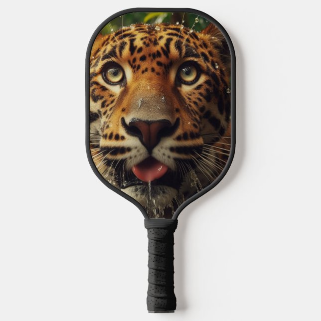 Leopard Stares While Lapping Water in Jungle  Pickleball Paddle (Front)