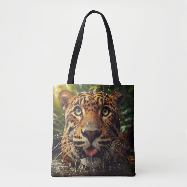 Leopard Stares While Lapping Water in Jungle  Tote Bag (Front)
