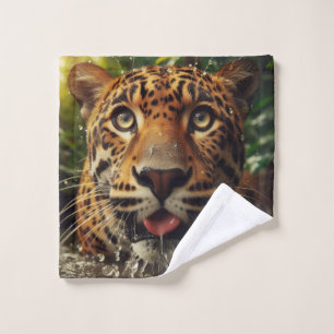 Leopard Stares While Lapping Water in Jungle  Wash Cloth