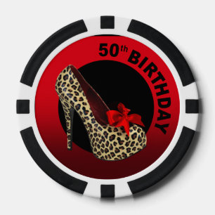 Leopard Stiletto 50th Birthday red black Poker Chips