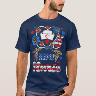 Leopard Sunflower HEME Nurse American Flag Funny 4 T-Shirt