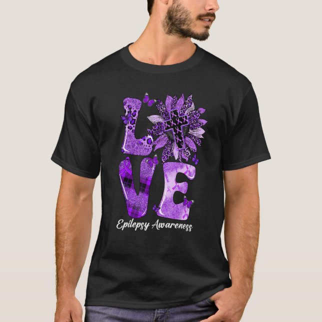 Leopard Sunflower LOVE Purple Ribbon Epilepsy Awar T-Shirt (Front)
