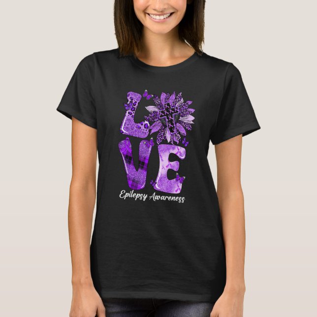 Leopard Sunflower LOVE Purple Ribbon Epilepsy Awar T-Shirt (Front)