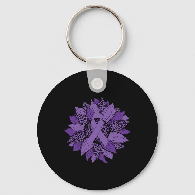 Leopard Sunflower Purple Ribbon Fibromyalgia Aware Key Ring (Front)