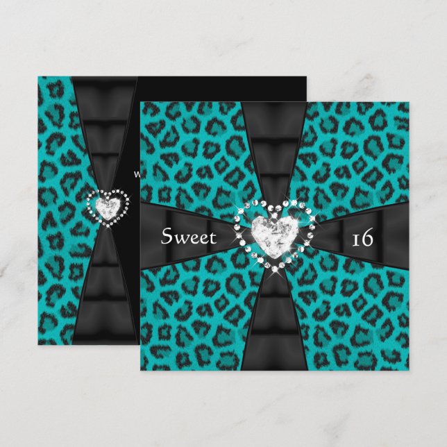 Leopard Teal Sweet 16 Sixteen Birthday Party Invitation (Front/Back)