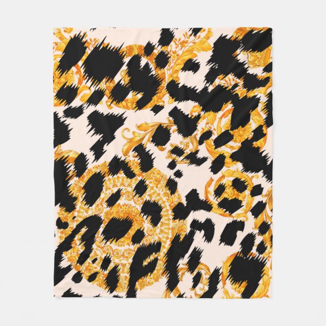 Leopard texture with gold baroque pattern fleece blanket (Front)