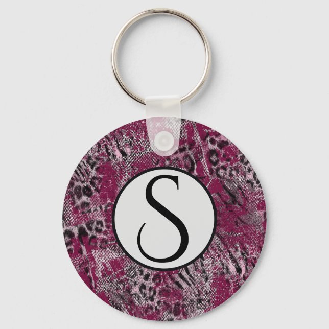 Leopard tiger grey maroon spotted key ring (Front)