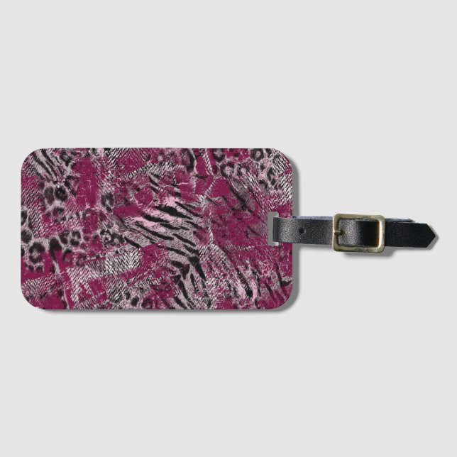 Leopard tiger grey maroon spotted luggage tag (Front Horizontal)