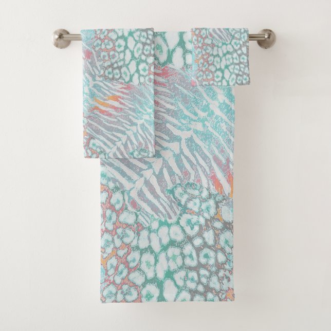 Leopard ,tiger, skin, spotted, striped, Turquoise, Bath Towel Set (Insitu)