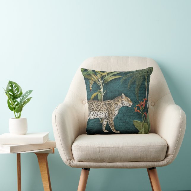 Leopard Tropical Floral n Foliage Jungle Teal Blue Cushion (Chair)