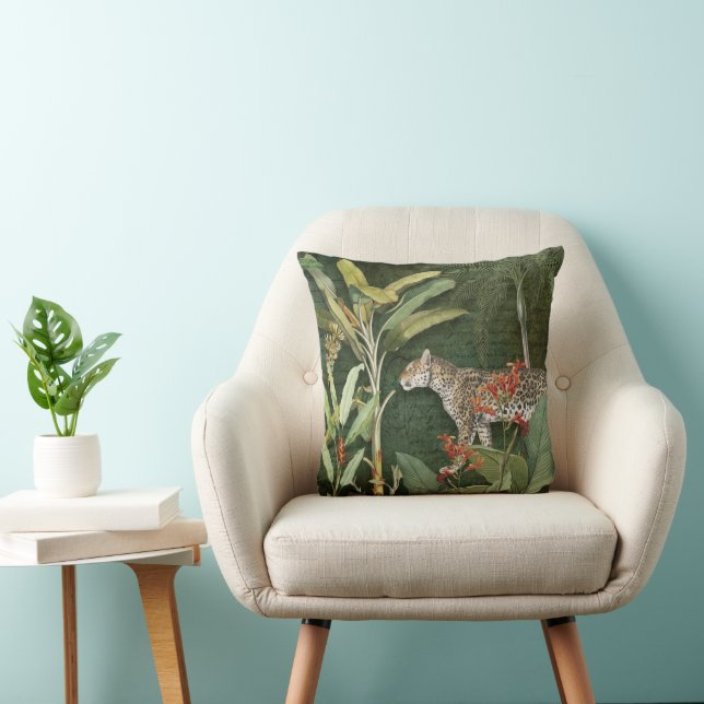 Leopard Tropical Red Floral n Jungle Green Foliage Cushion (Chair)