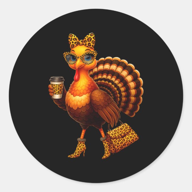 Leopard Turkey Drinking Coffee Thanksgiving Women  Classic Round Sticker (Front)