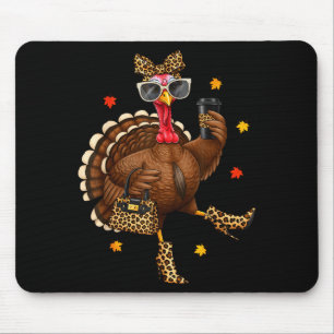 Leopard Turkey Drinking Coffee Thanksgiving Women  Mouse Pad