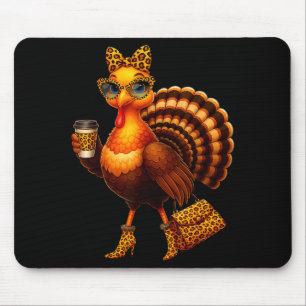 Leopard Turkey Drinking Coffee Thanksgiving Women  Mouse Pad