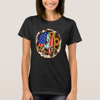 Leopard Turquoise American Flag Peace Sign Hippie  T-Shirt
