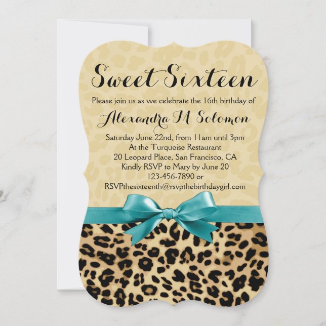 Leopard Turquoise Bow Sweet 16 Party Invitation (Front)