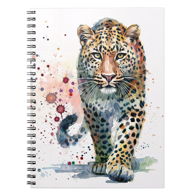 Leopard Walking Paint Splatter Watercolor Notebook (Front)