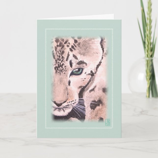 Leopard Watercolor Vignette on Green Blank Card (Front)