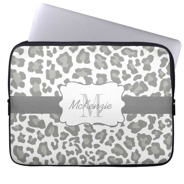 Leopard White and Grey Neoprene Laptop Sleeve (Front)