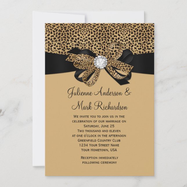 Leopard White Jewels Diamonds Ribbon Wedding Invitation (Front)