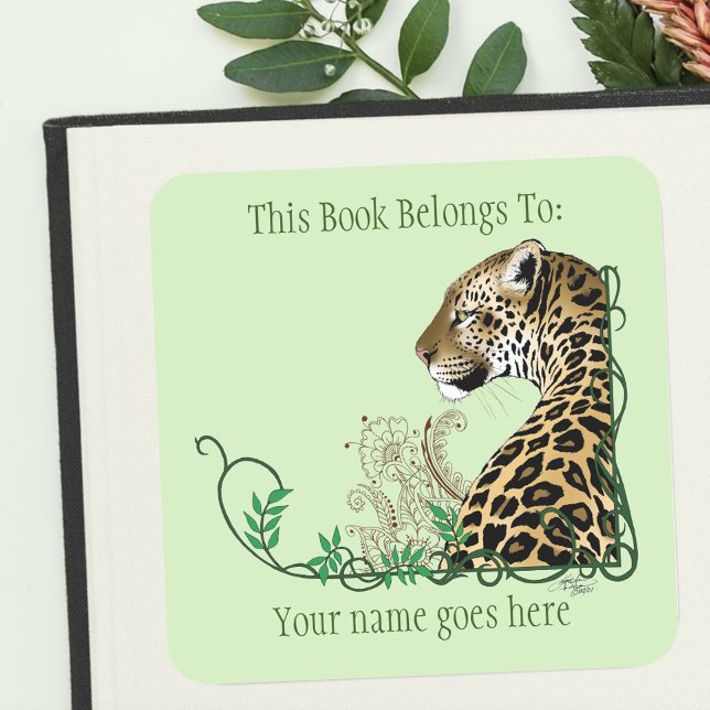 Leopard Wild Cat Green Henna Bookplate Square Sticker (Creator Uploaded)