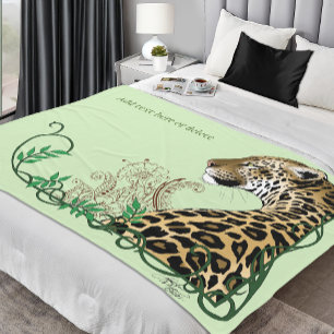 Leopard Wild Cat Green HEnna Fleece Blanket