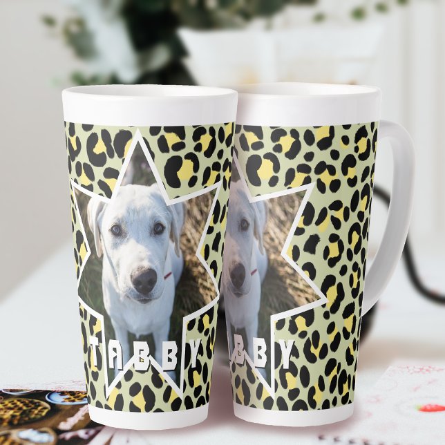 Leopard Yellow Black Photo Personalised Latte Mug (Leopard Pattern Pet Photo Personalized Latte Mug.)
