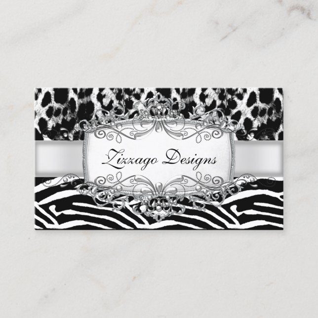 Leopard Zebra Silver Black White Stripe 2 Business Card (Front)