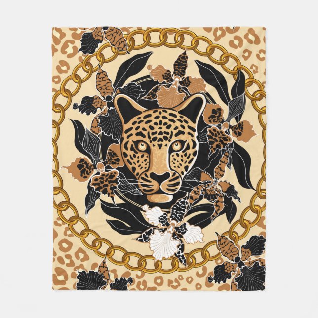 leopard's head surrounded by orchids, gold chain a fleece blanket (Front)