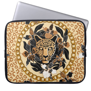 leopard's head surrounded by orchids, gold chain a laptop sleeve