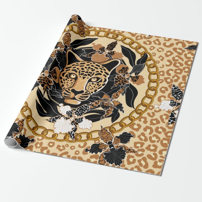 leopard's head surrounded by orchids, gold chain a wrapping paper (Unrolled)