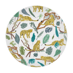 Leopards in jungle, hand-drawn pattern. cutting board