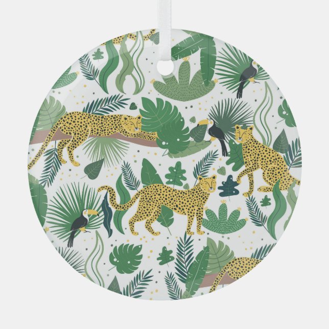 Leopards Jungle: Tropical Kids Seamless. Glass Tree Decoration (Front)