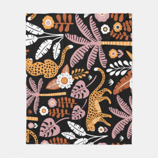 Leopards Palms Vintage Seamless Pattern Fleece Blanket