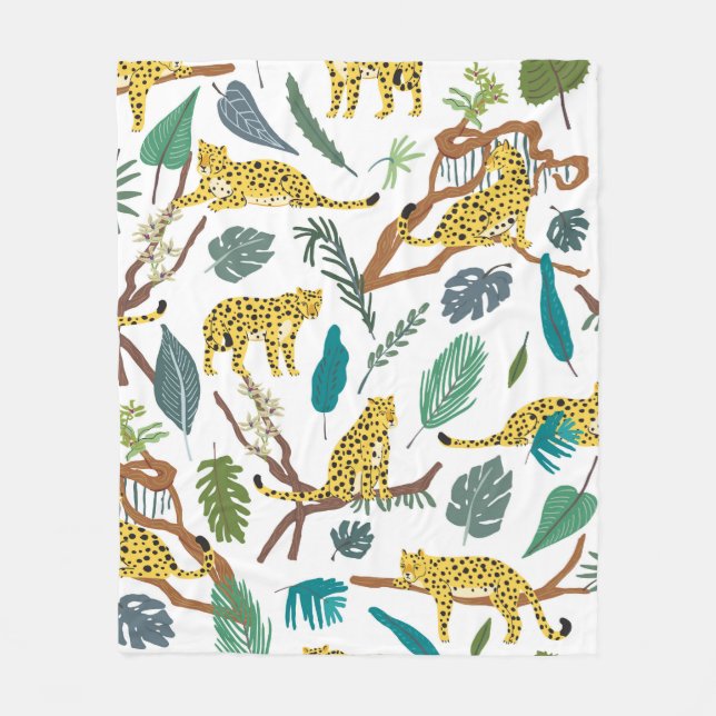 Leopards wild animals in jungle forest hand drawn  fleece blanket (Front)