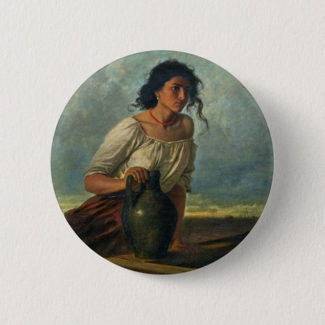 Leopold Carl Muller - Young Gypsy at the Fountain 6 Cm Round Badge (Front)
