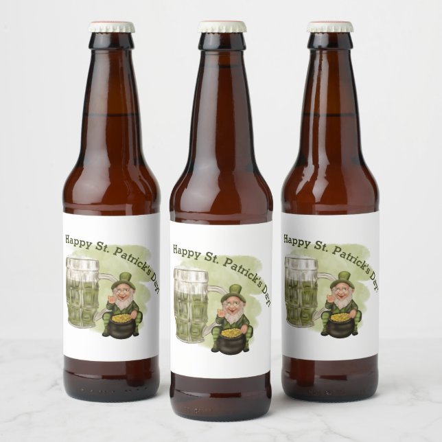 Leprechaun and Green Beer St. Patrick's Day Bottle Label (Bottles)
