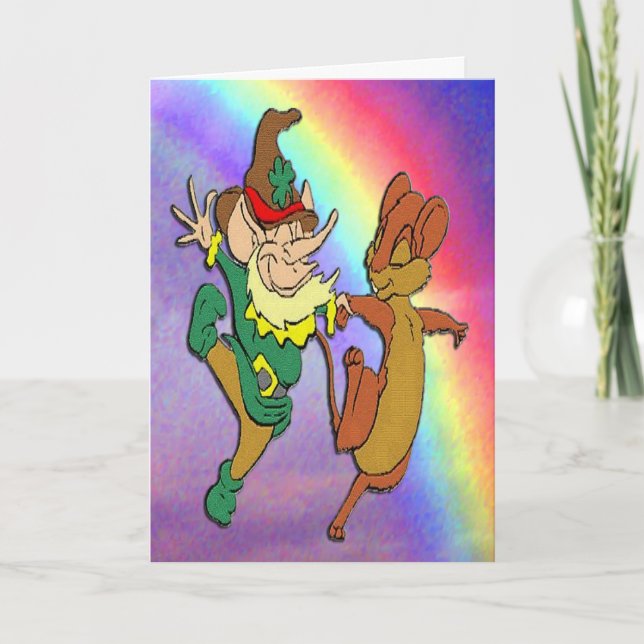 Leprechaun and Mouse Dancing with Rainbow Card (Front)