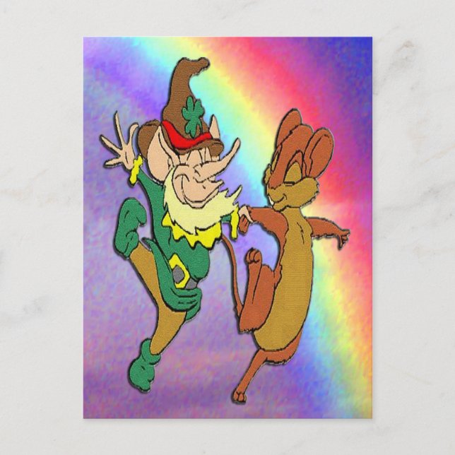 Leprechaun and Mouse Dancing with Rainbow Postcard (Front)
