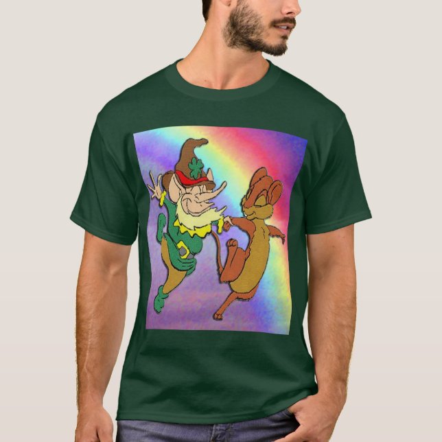 Leprechaun and Mouse Dancing with Rainbow T-Shirt (Front)