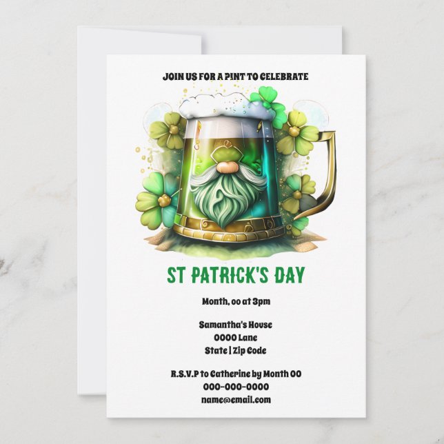 Leprechaun beer tankard shamrock flowers holiday  invitation (Front)