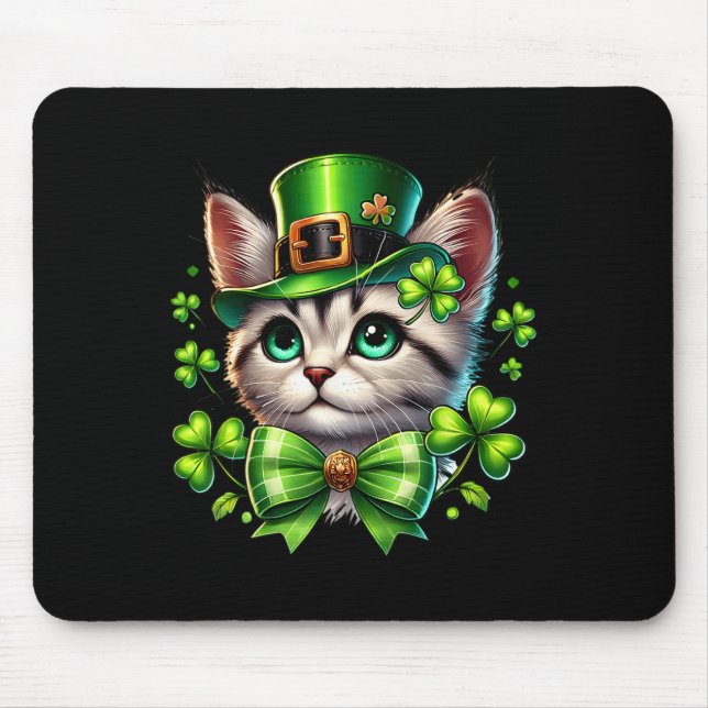 Leprechaun Cat St Patricks Day Coquette Bow Shamro Mouse Pad (Front)