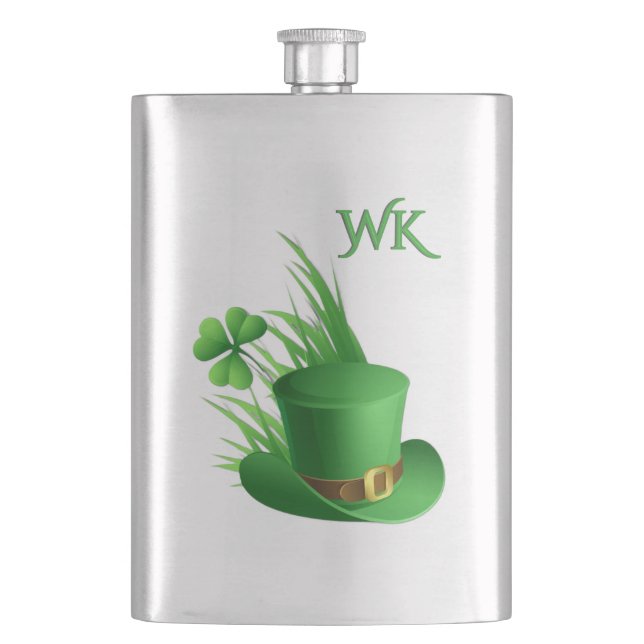  Leprechaun Clove Hat in Grass Monogram Hip Flask (Front)