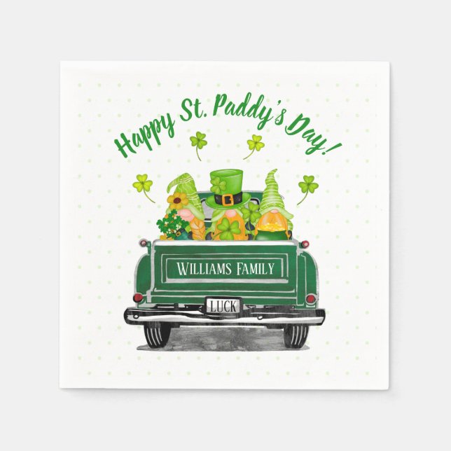 Leprechaun Gnome Vintage Truck St. Paddy's Day Napkin (Front)
