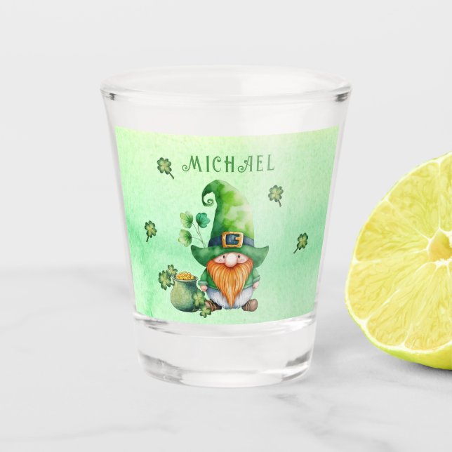 Leprechaun - Gnome With Pot Of Gold Personalised Shot Glass (Front)