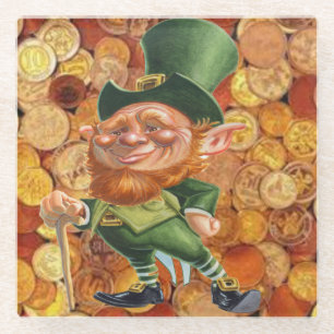 leprechaun gold coins glass coaster