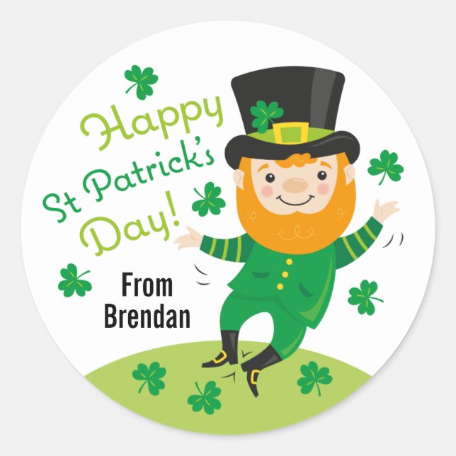 Leprechaun Happy St Patrick's Day Round Sticker (Front)