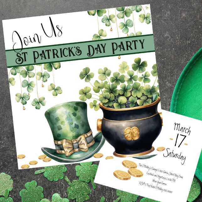 Leprechaun Hat and Pot O Clover St Patrick's Day  Invitation (Shamrocks and leprechaun top hat with gold coins on a customizable St Patrick's Day invitation. )
