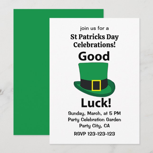 Leprechaun Hat Good Luck St Patricks Day  Invitation (Front/Back)
